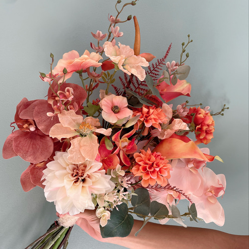 ピンク　オレンジ　パープル　胡蝶蘭　アンスリウム　カラー　ウェディングブーケ造花 ピンク オレンジ パープル 胡蝶蘭 アンスリウム カラー