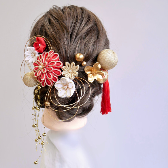 A467 つまみ細工 ドライフラワー 髪飾り 赤 白 ゴールド 成人式 前撮り