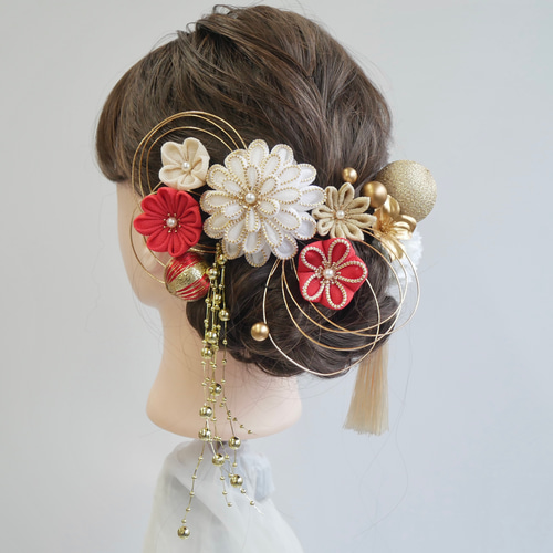 A468 つまみ細工 ドライフラワー 髪飾り 赤 白 ゴールド 成人式 前撮り