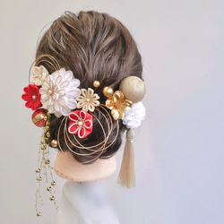 A468 つまみ細工 ドライフラワー 髪飾り 赤 白 ゴールド 成人式 前撮り