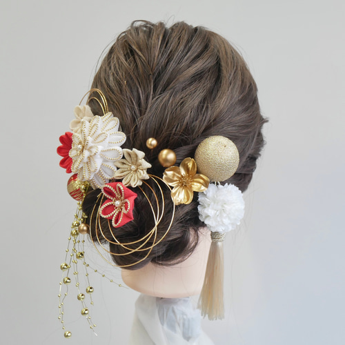 A468 つまみ細工 ドライフラワー 髪飾り 赤 白 ゴールド 成人式 前撮り