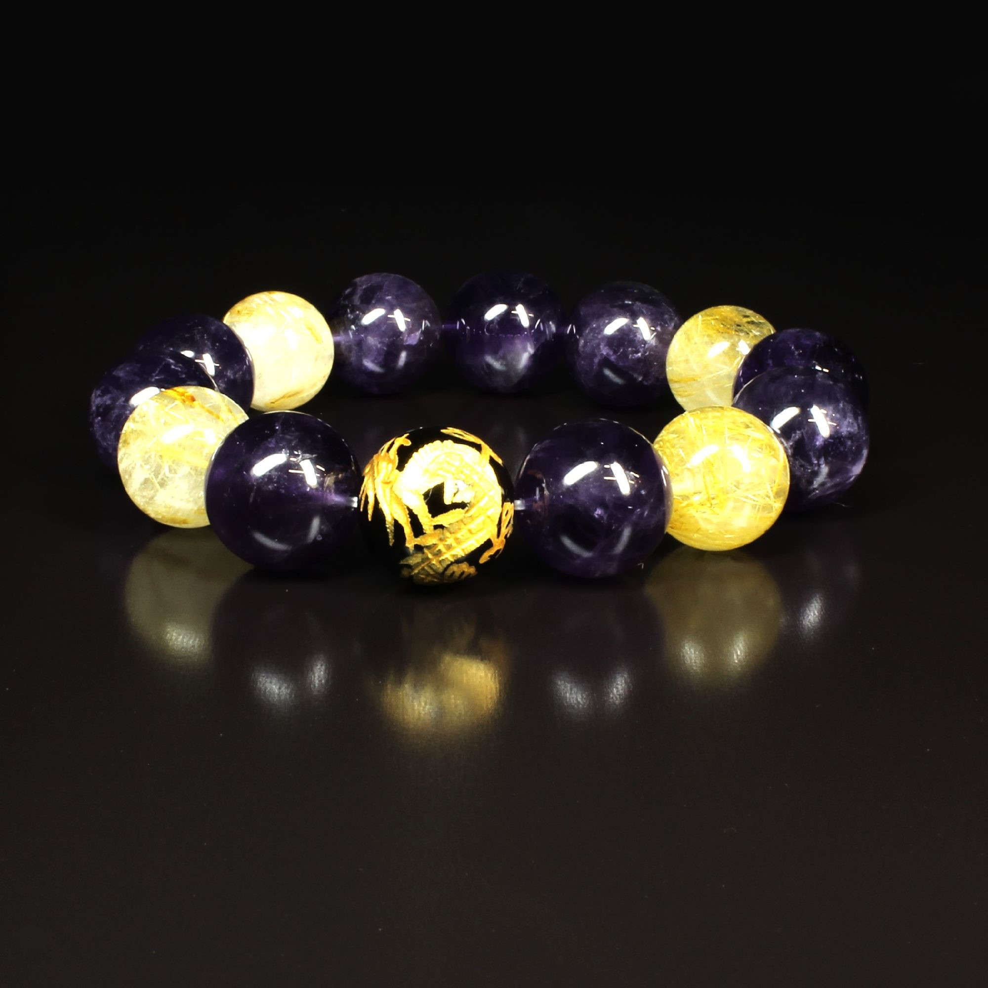 【目標達成までのサポート】 14ミリ 皇帝龍 オニキス アメジスト ゴールドルチル ブレスレット ryub62 京海堂