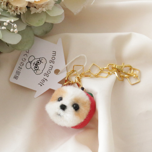 りんご 羊毛フェルト 犬 わんこ（シーズー）バッグチャーム