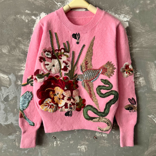 2024新作】ビーズ刺繍フェア島丸首ニット ウール混紡セーター 大人