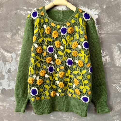 超美品　手編み　青(柄はネイビー)長袖モヘヤニットセーター　M 超美品 手編み 青(柄はネイビー)長袖モヘヤニットセーター M