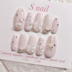 ネイルチップ ピンク ツイード 冬 雪だるま リボン ガーリー ネイル