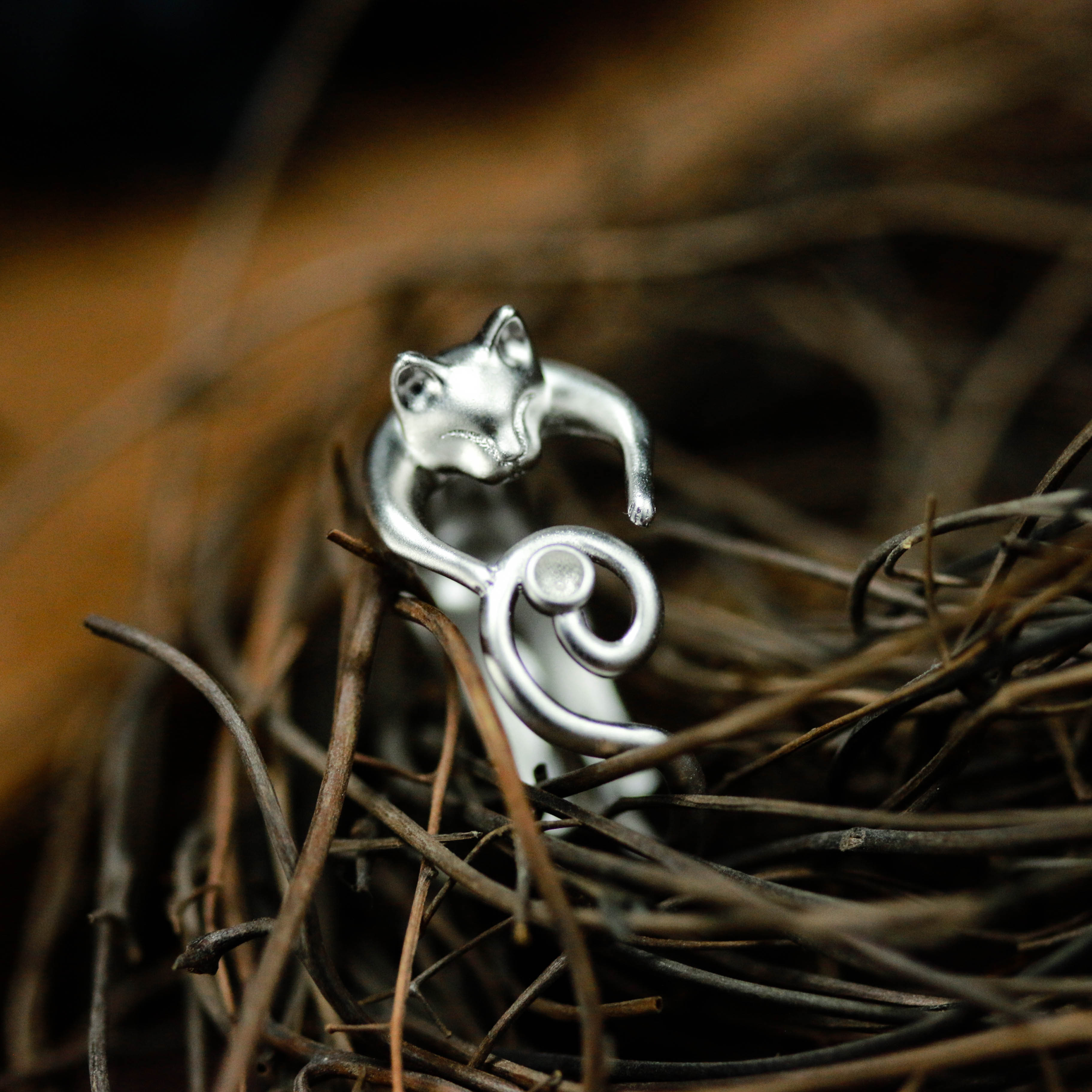 眠り猫のリング シルバー925 魅力的なかわいい猫のリング ストレッチ猫のリング 子猫のリング、子猫のリング、猫のジ