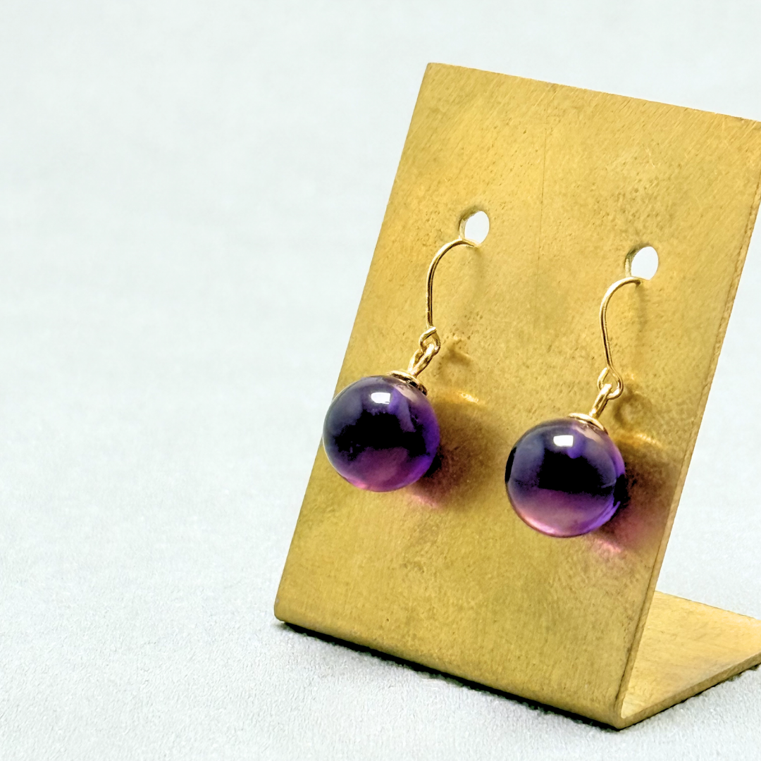 K18 8mm シンプル アメジスト/紫水晶  天然石ピアス - ベリーL