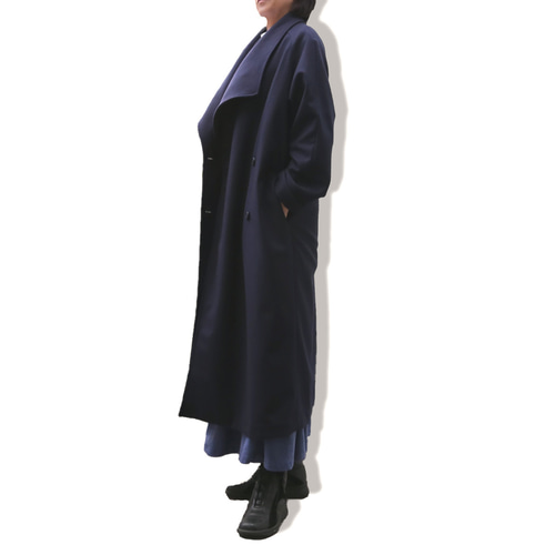 ロングコート レディース 秋 冬 ダブル 紺色 ラペル ビック 値下げしま