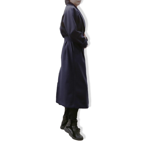 ロングコート レディース 秋 冬 ダブル 紺色 ラペル ビック 値下げしま