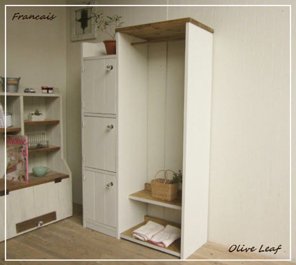 サイズオーダー可！○3扉キャビネットラック○シャビーホワイト無垢材