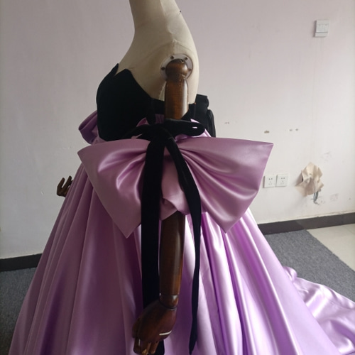 カラードレス パープル 黒 ビロード ベアトップ リボン 取り外し袖  