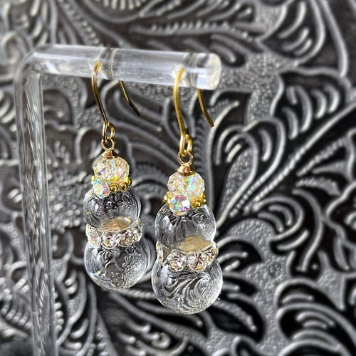 ☆スノーマンとXmas猫ちゃんピアス☆ 受注生産】ゴールドクリスタル