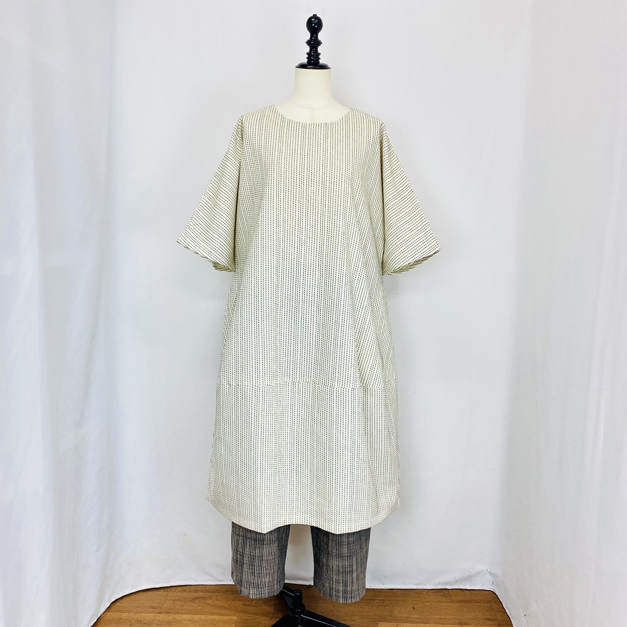 【安曇野染絣】切替えビッグワンピース コクーンワンピース アイボリー 刺し子 コットン100 和柄