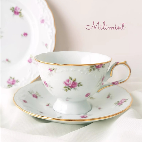 受注制作】アンティークローズ ティーセット(ピンク)(カップ＆ソーサー