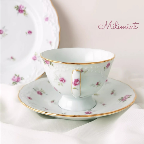 受注制作】アンティークローズ ティーセット(ピンク)(カップ＆ソーサー