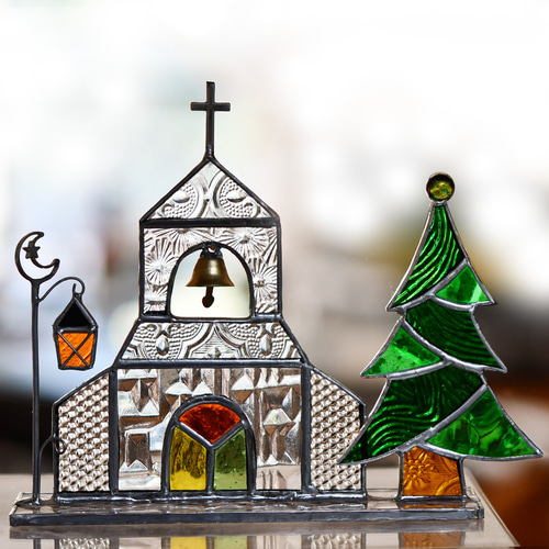 ステンドグラス 教会とクリスマスツリー その他インテリア雑貨
