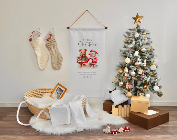 クリスマスタペストリー サンタ テディベア クリスマス タペストリー