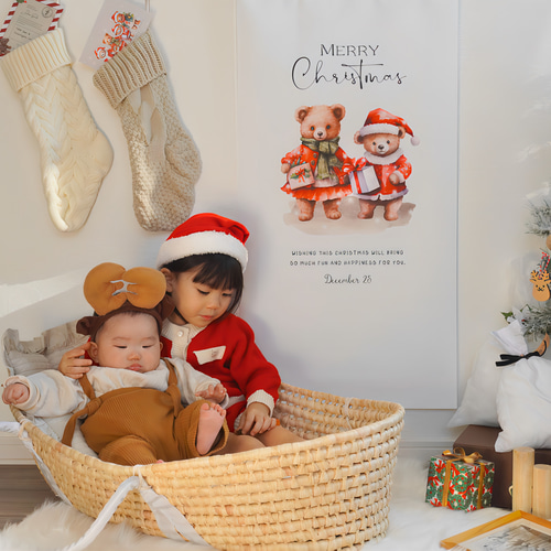 クリスマス テディベア ビンテージラグマット マルチカバー