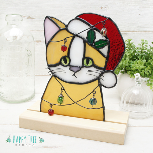 ステンドグラス ハチワレ猫サンタ 壁掛け 置物 ギフトにも その他