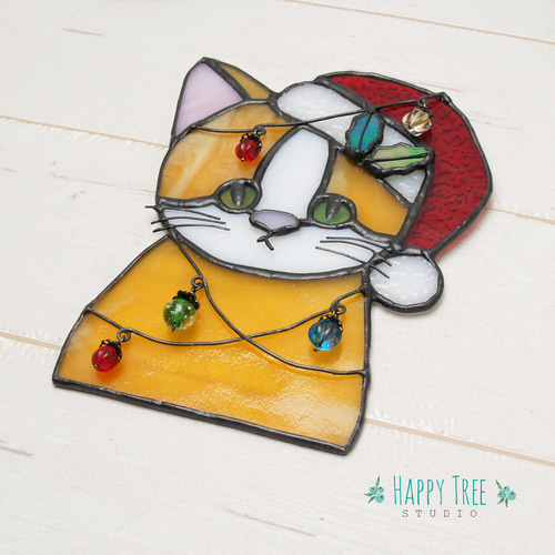 ステンドグラス ハチワレ猫サンタ 壁掛け 置物 ギフトにも その他