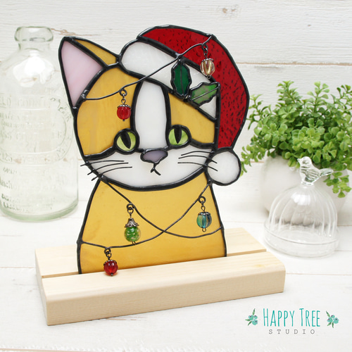 ステンドグラス ハチワレ猫サンタ 壁掛け 置物 ギフトにも その他