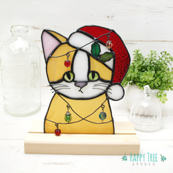 ステンドグラス ハチワレ猫サンタ 壁掛け 置物 ギフトにも その他