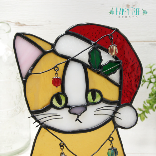 ステンドグラス ハチワレ猫サンタ 壁掛け 置物 ギフトにも その他