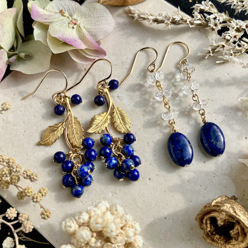 シトリンのサークルピアスととラピスラズリの3連ピアス おまとめで