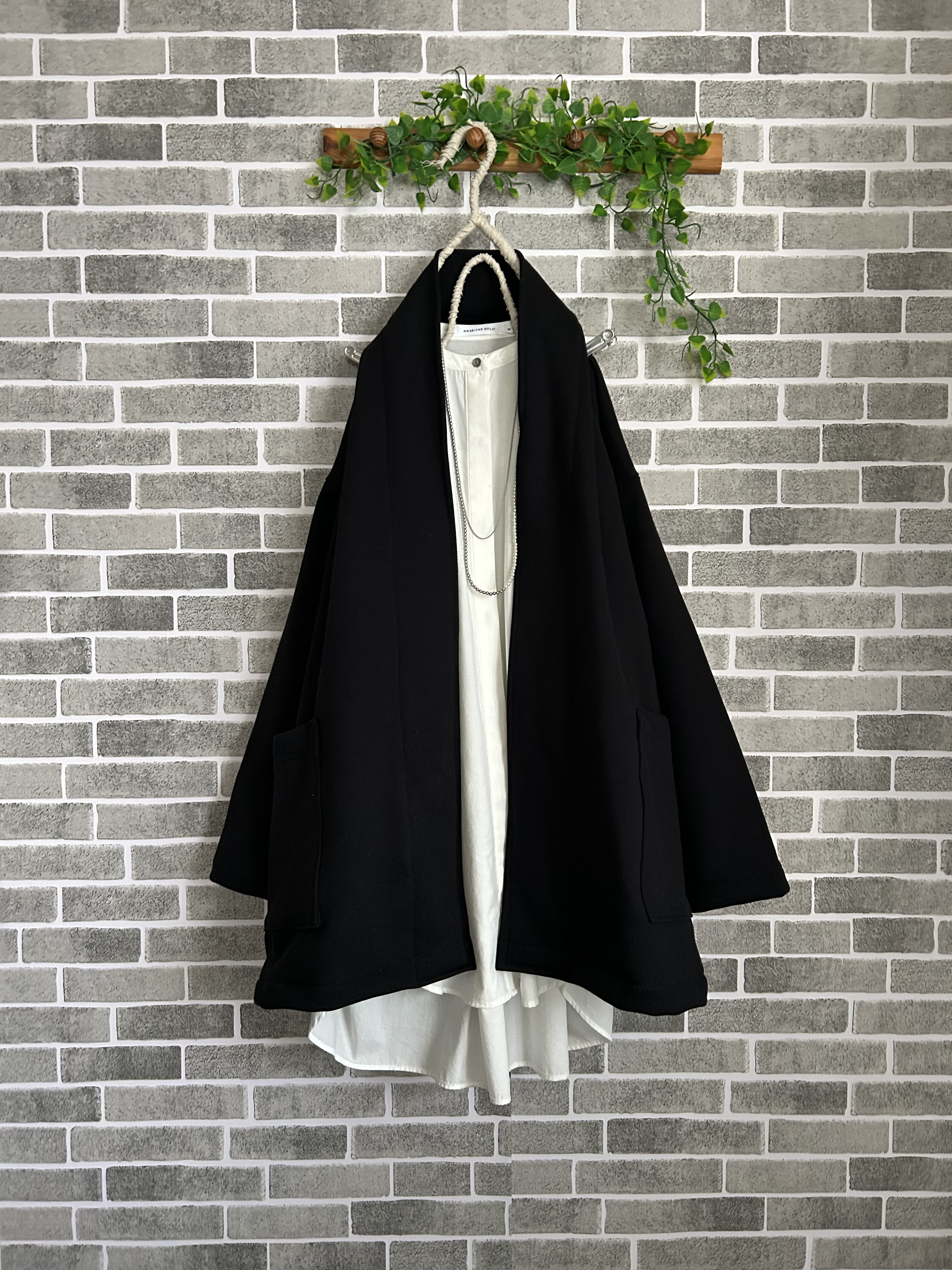 春秋冬ふんわり裏毛黒ニットローブカーディガン