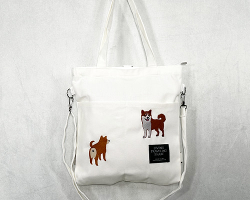 送料無料】柴犬達の刺繍 キャンバス 2WAY ショルダートート