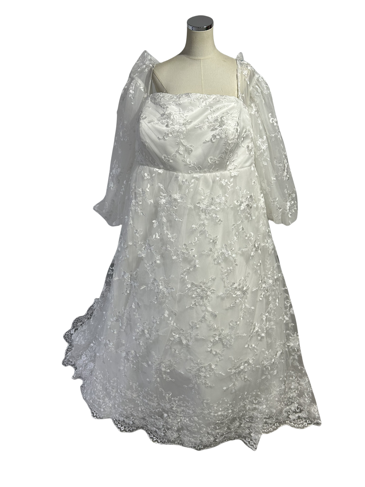 優雅なシルエット ホワイト ウエディングドレス Vネック 長袖 贅沢な総レース 結婚式/披露宴  大きいサイズ