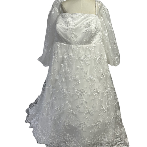 優雅なシルエット ホワイト ウエディングドレス Vネック 長袖 贅沢な総  