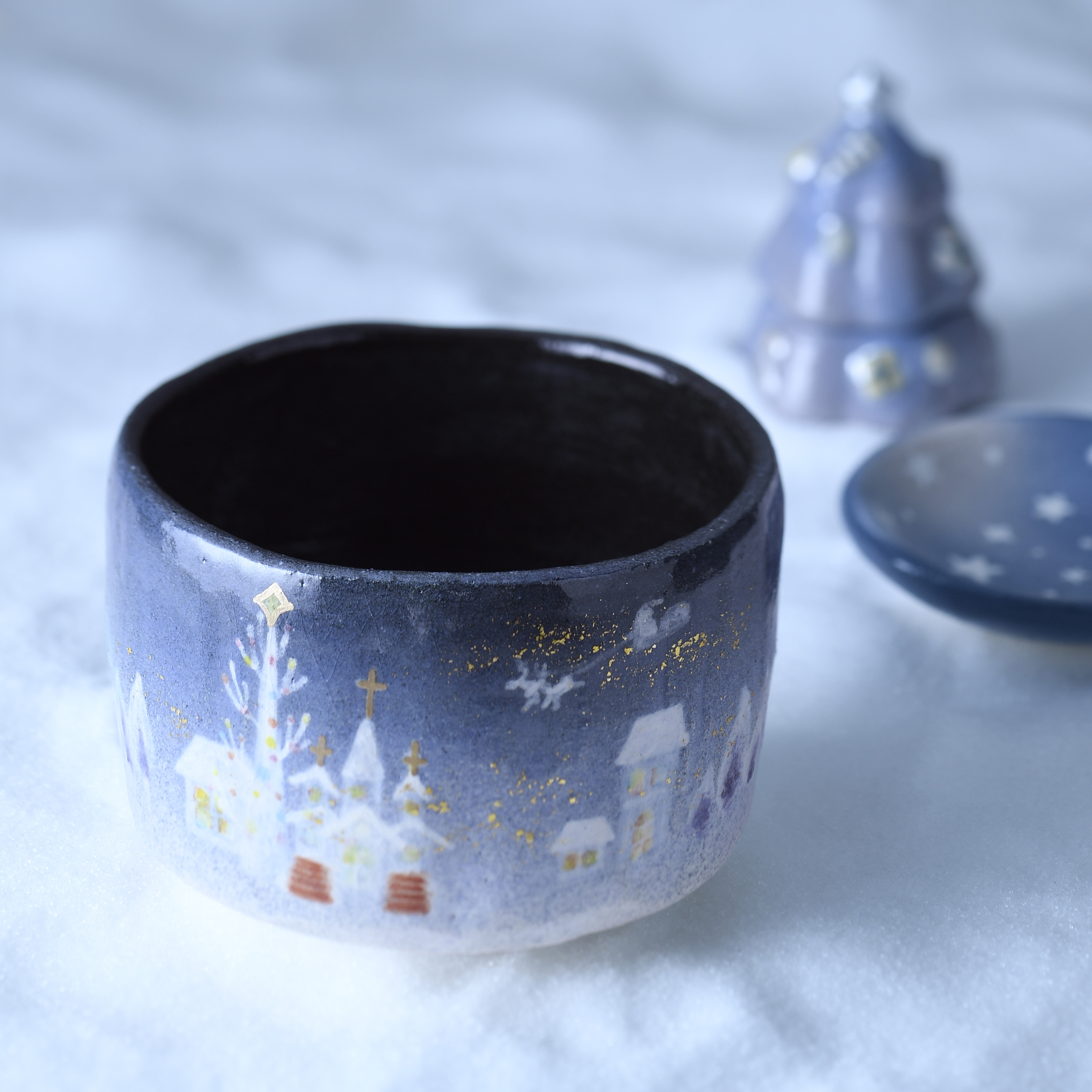 ☆2025クリスマス☆ 新作 楽焼〚イブの街〛抹茶碗　茶道具　楽入印　プレゼント　オーナメント