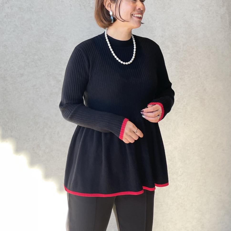 【洗える】1枚でお洒落バイカラー♡チクチクしない♡ふんわり切り替フレアニット 黒【FREE】KMC-754 162590
