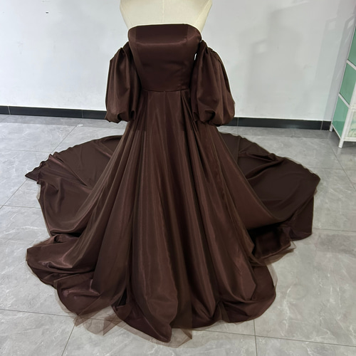 カラードレス ブラウン ベアトップ パフスリーブ チュールスカート  