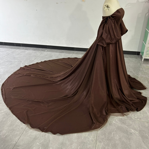 カラードレス ブラウン ベアトップ パフスリーブ チュールスカート  