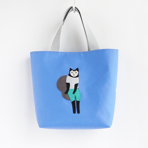 ネコアップリケ付き 縦型ミニトートバッグ [J002] トートバッグ Yuriko