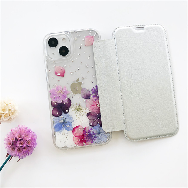 iPhone17Pro/17ProMax/16e/GalaxyS26 紫陽花と千鳥草  押し花ケース 手帳型スマホケース