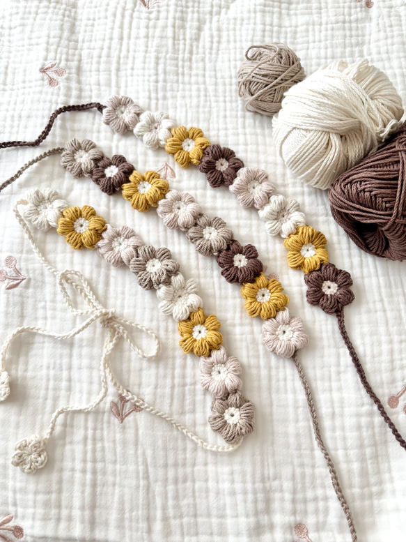 ヘアバンド 花冠デザイン コットン かぎ針編み 茶色× 黄色秋冬カラー