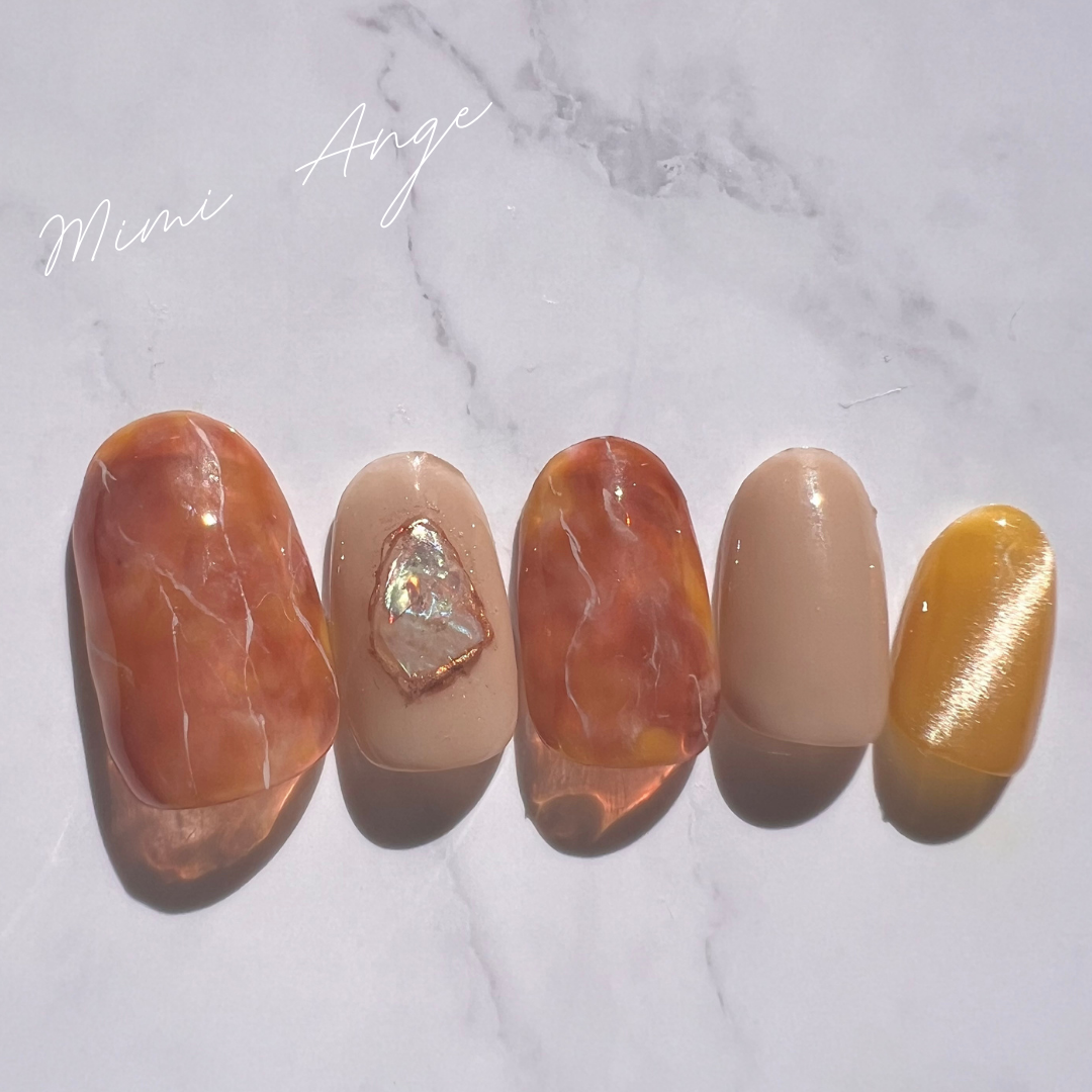 べっ甲×キャメル×マグネット⌇ベージュ　シェルネイル　イエロー⌇No.10