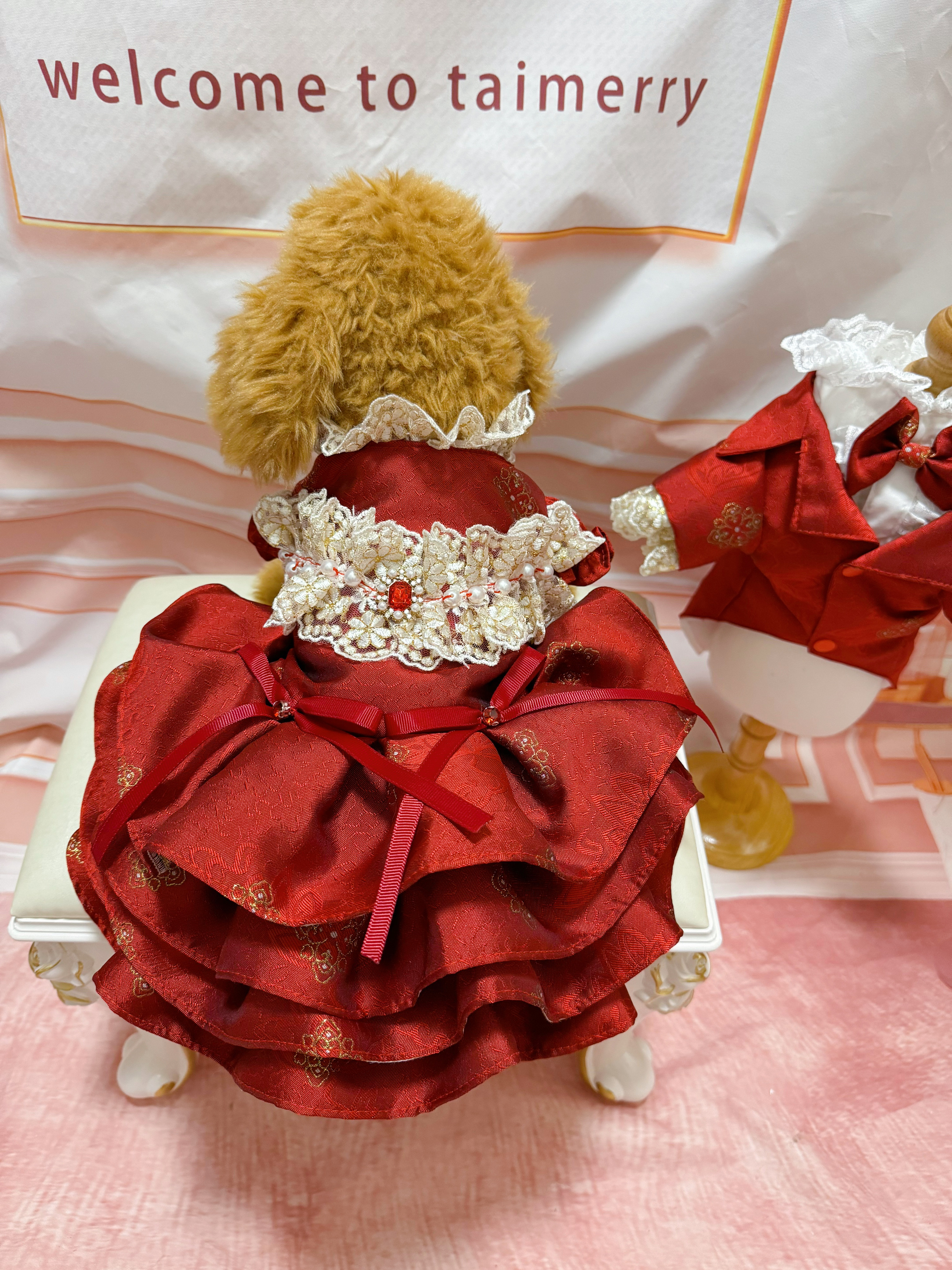 犬猫うさちゃん服　ワインレッドカラーのおしゃれドレス