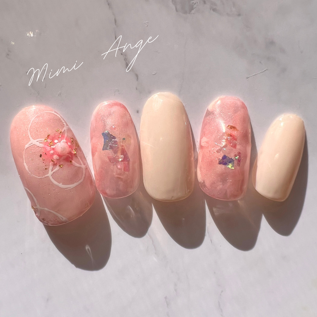 ピンク×手書き×マーブル⌇お花　ミックス　マーブルネイル　ホワイト　シアー　和装⌇No.14