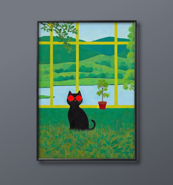絵画 | イラストポスター187 ☆ 【黒猫と美しい緑の丘】 絵画