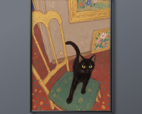絵画。原画【椅子の上の黒猫がコーヒーを見た】 絵画。原画【椅子の上の黒猫がコーヒーを見た】