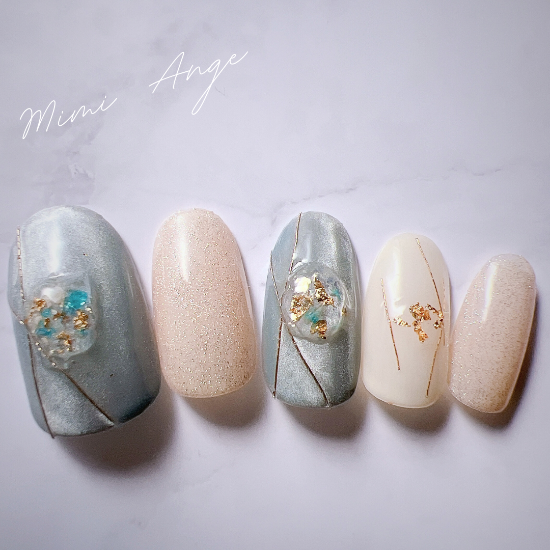 ブルー×ホワイト×押し花⌇ライン　くすみ　ニュアンスネイル　マグネット　しずく⌇No.15