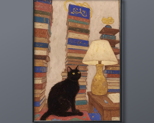 絵画 | イラストポスター 195 ☆ 【本屋の黒猫ちゃん】 絵画