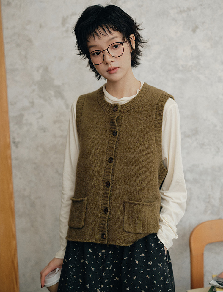 羊毛クルーネックベストカーディガン ノースリーブ レディース 秋冬 9264-1