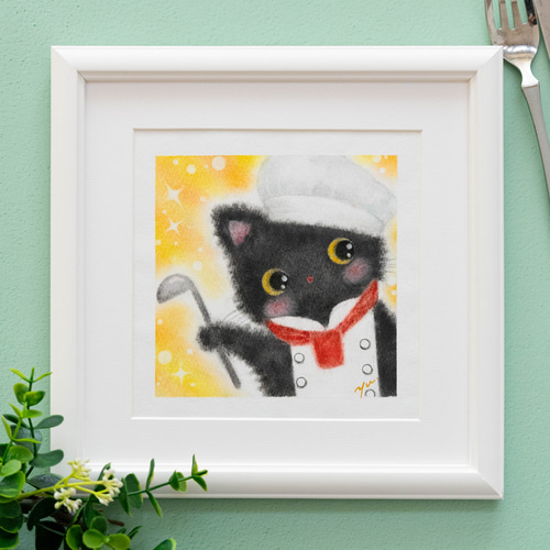 【原画】『丘の上のパズル②』パステル画　絵画　動物　チワワ　黒猫　ファンタジー 原画】「黒猫シェフ」 パステルアート かわいい動物 ネコ ねこ