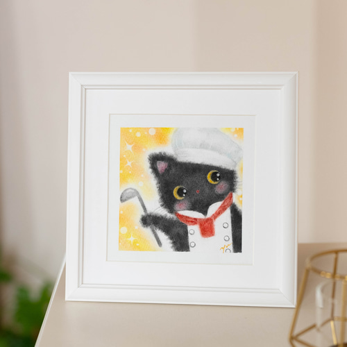 原画】「黒猫シェフ」 パステルアート かわいい動物 ネコ ねこ
